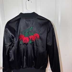 Obey Women's Black Bomber satin Jacket with Cherry Embroidery